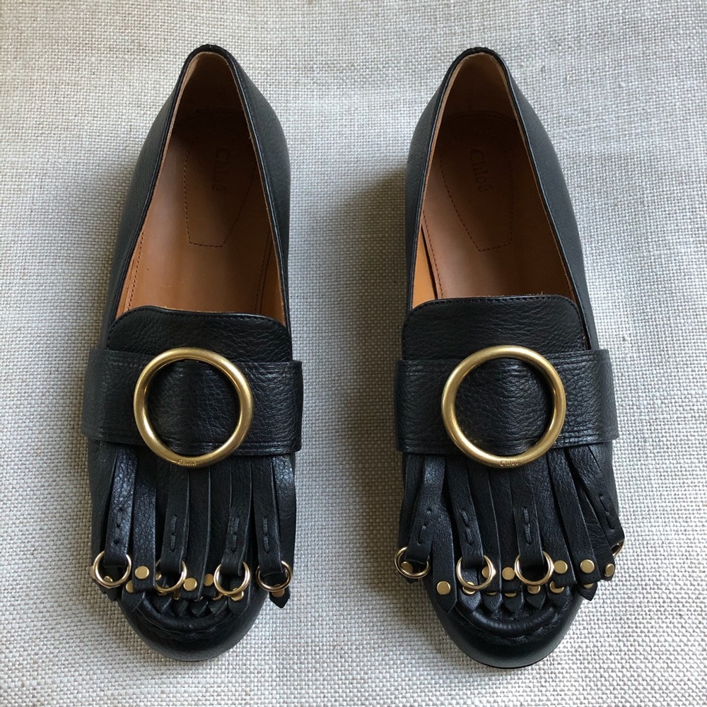 Chloe Loafers Black Fringe Kiltie Studs Flats Olly - Picture 5 of 8